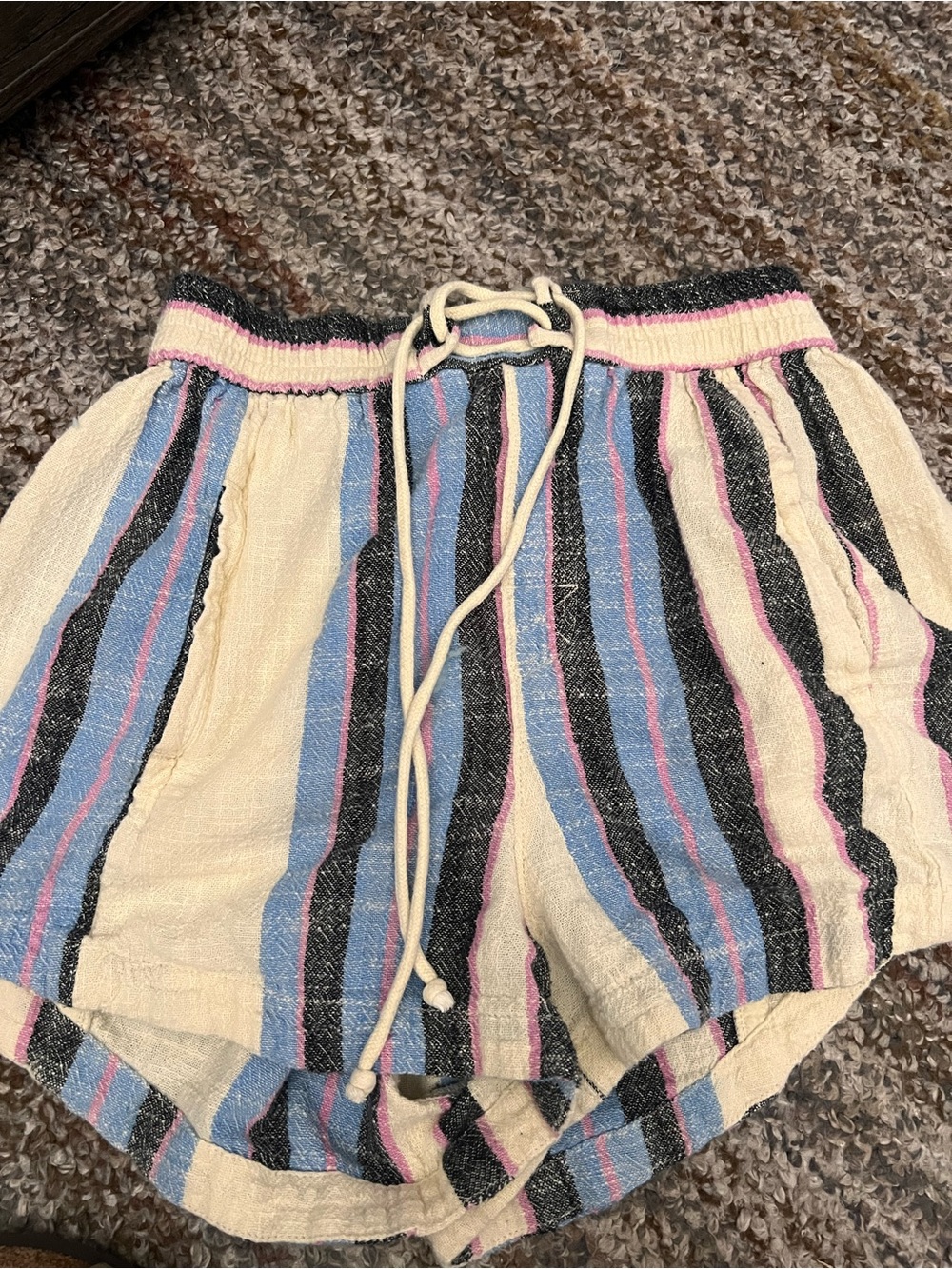 Free People Striped Elastic-Waist Shorts in Cream, Blue, Black & Pink